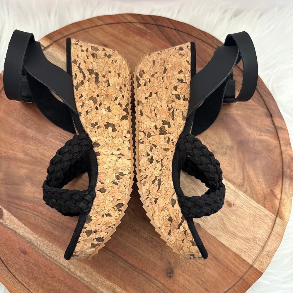 Alicia Leon Womens Black Braided Cork Size 8 Platform Wedge Sandals LIGHT WEIGHT - Picture 8 of 10